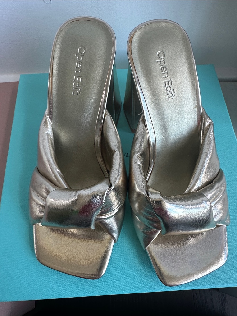 Open Edit Metallic Silver Knot-Front Mule Heels